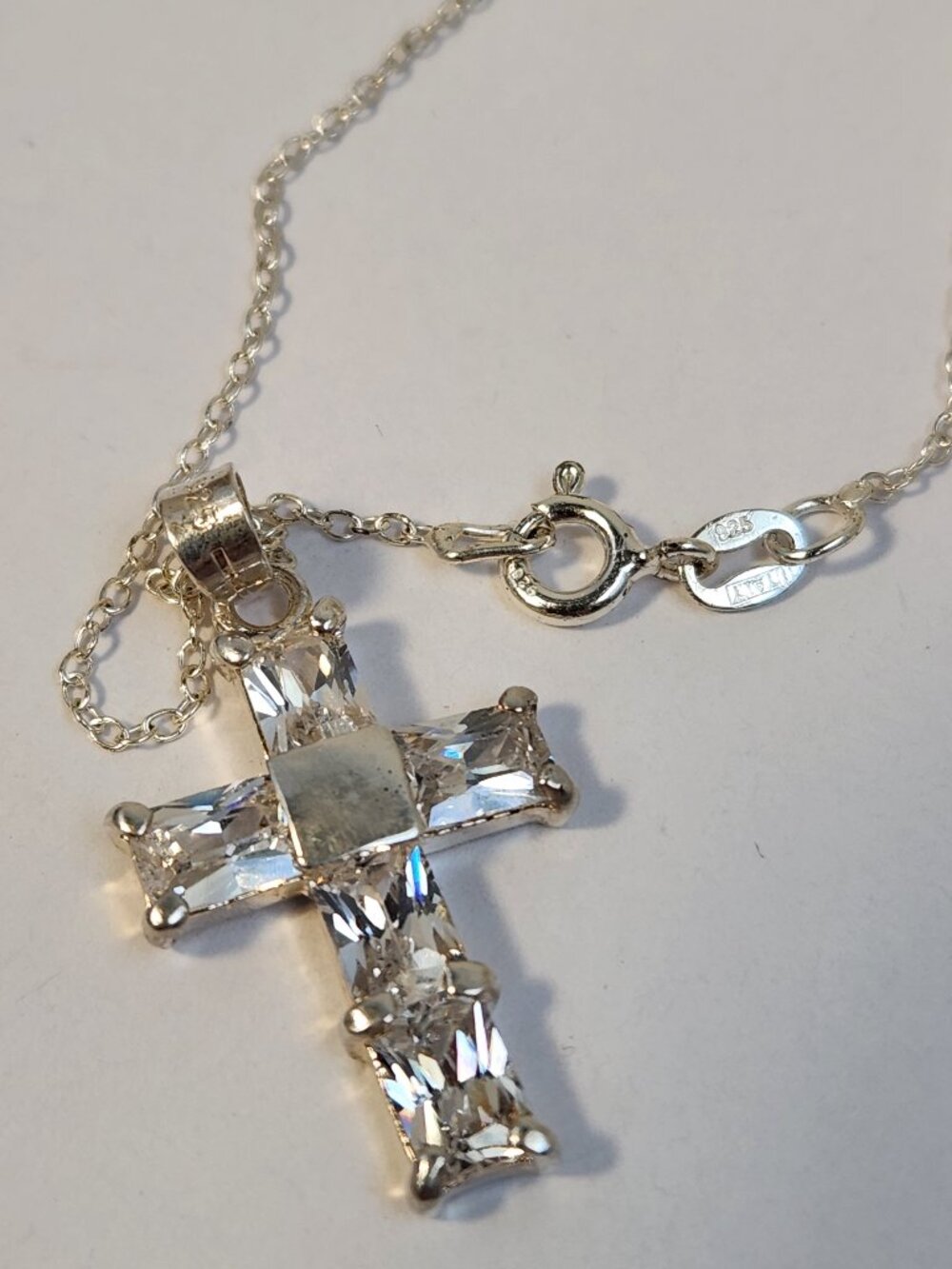 Vintage Italian Baguette CZ Cross Pendant 18" 925 Silver Chain Necklace